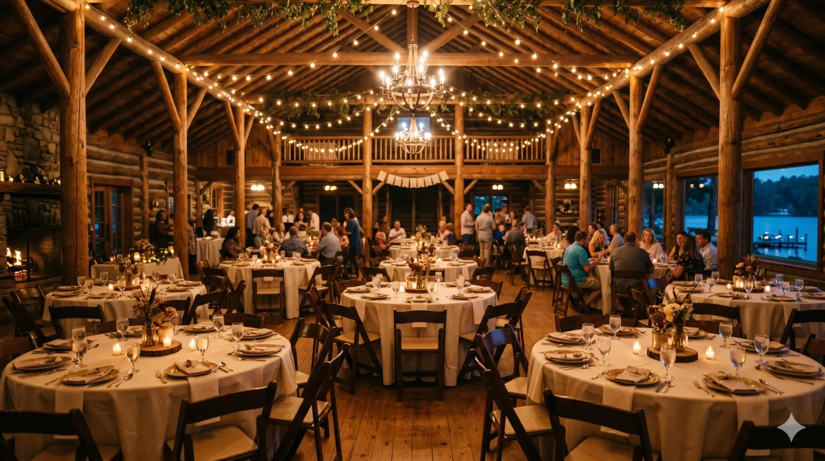 The great hall at Pine Lake Lodge set for the reunion banquet