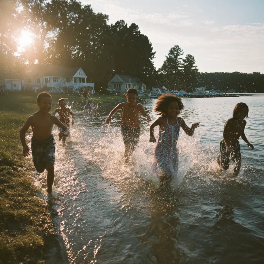Kids playing in the lake at sunset